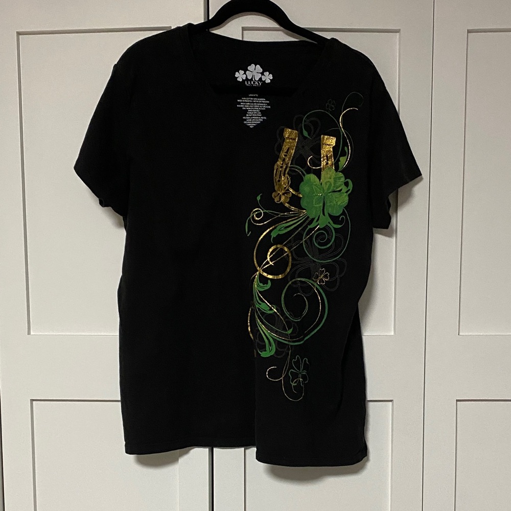Lucky Brand Black Tee with Green Clover Design